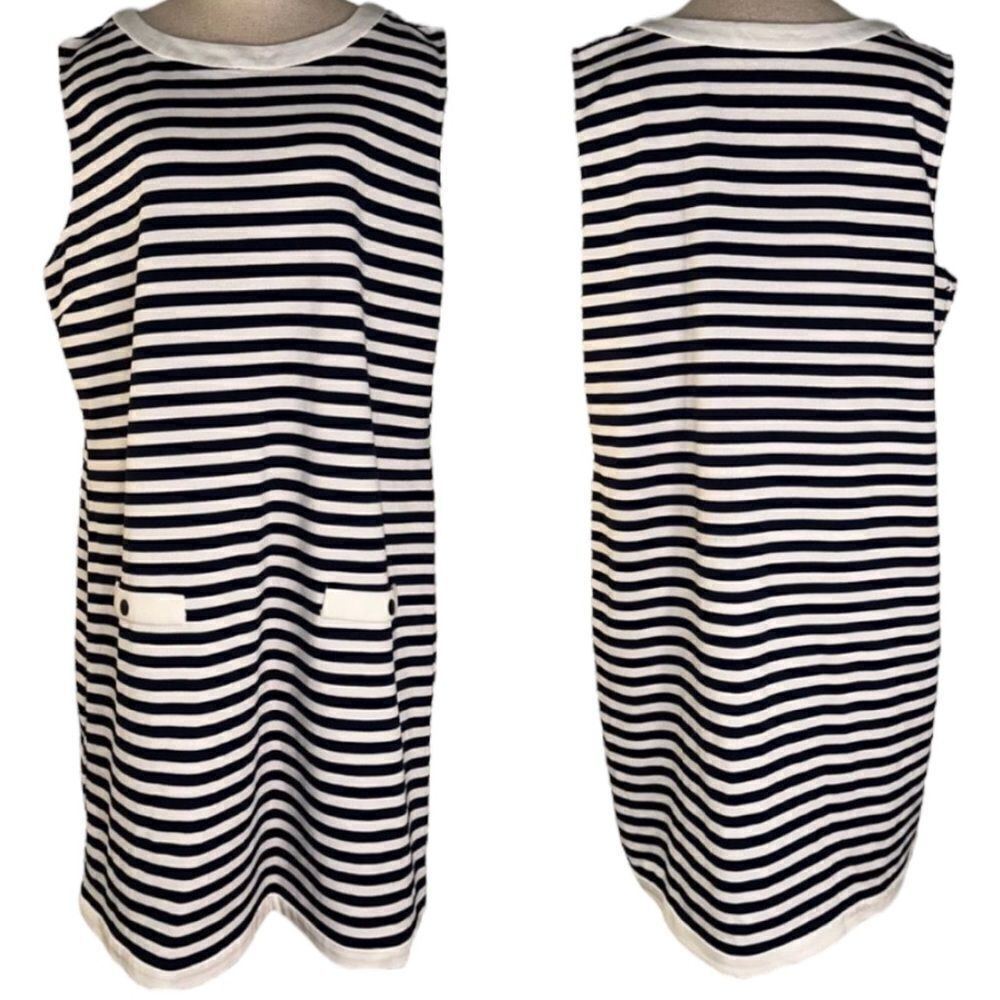 Chadwick’s Womens Vintage Navy Blue White Striped Sleeveless Dress Modern Casual